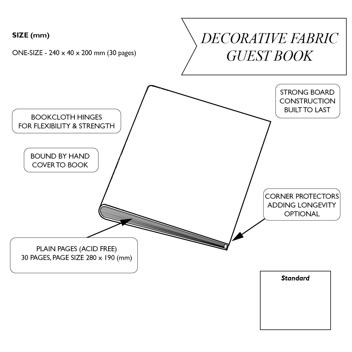 Diagram of a decorative fabric guest book with specifications on a white background