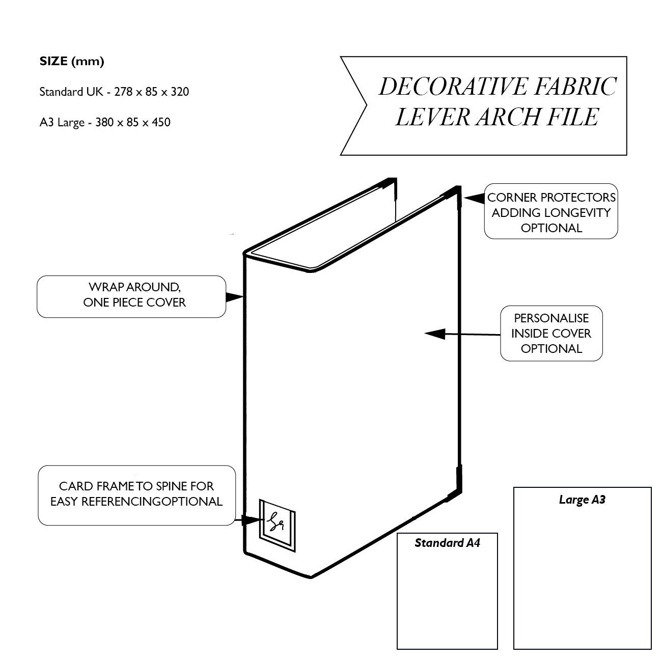 Diagram of a decorative fabric lever arch file with labeled features and dimensions.