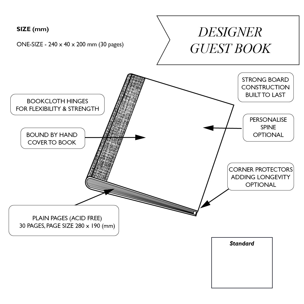 Diagram of a designer guest book with specifications on a white background