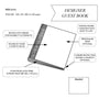 Diagram of a designer guest book with specifications on a white background