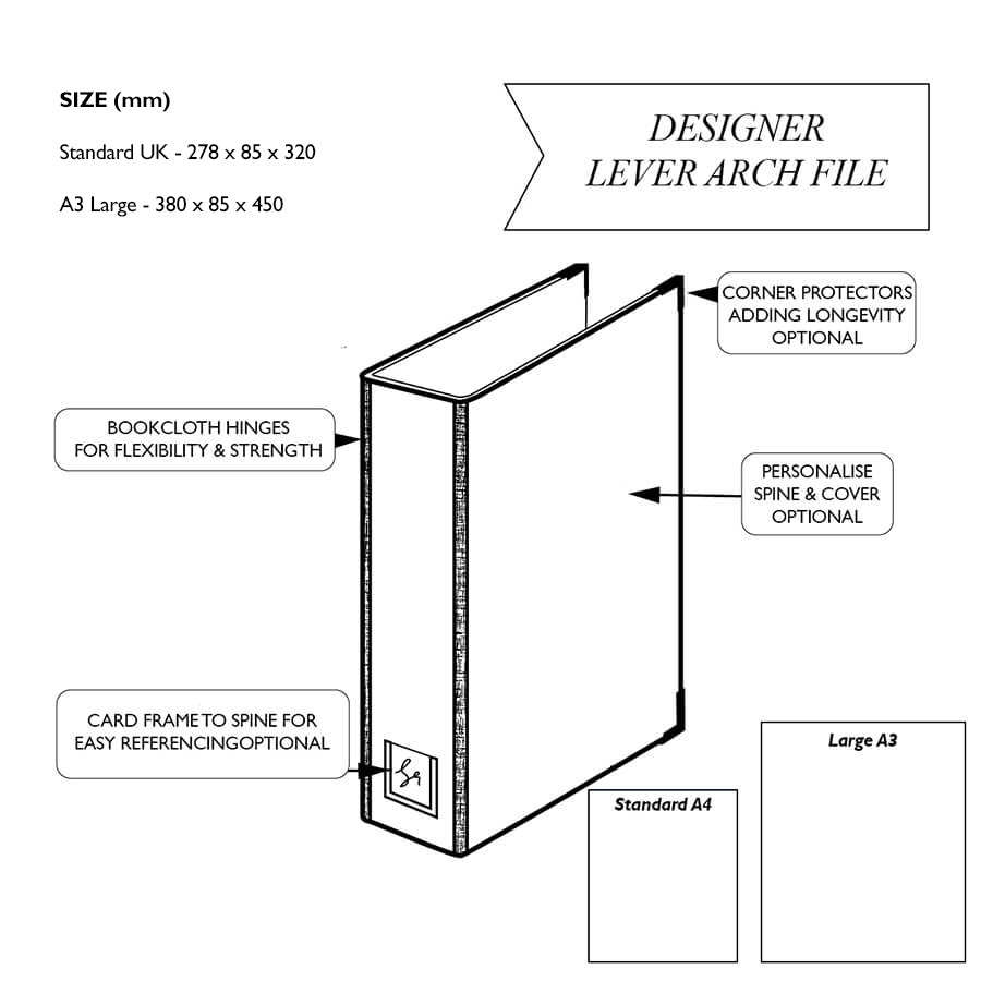 Diagram of a designer lever arch file with labeled features and dimensions.