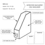 Technical drawing of a designer magazine file holder with specifications and features.