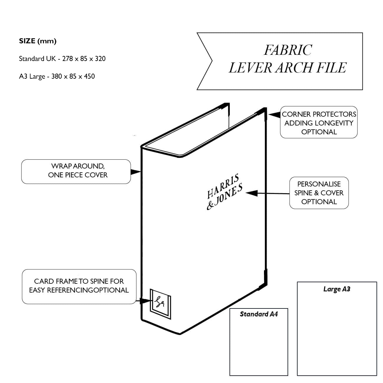 Diagram of a fabric lever arch file with specifications and branding details.