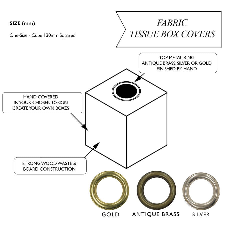 Fabric tissue box cover product description with size information and color options.