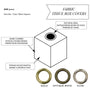 Fabric tissue box cover product description with size information and color options.