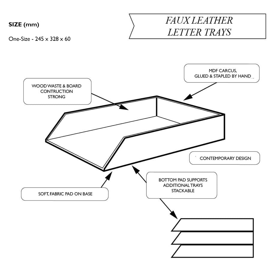 Technical diagram of a faux leather letter tray with labeled components and specifications.