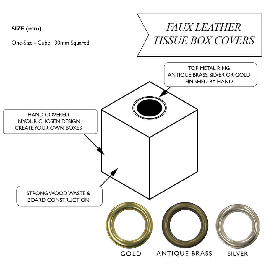 Diagram of faux leather tissue box cover with metal rings in gold, antique brass, and silver.