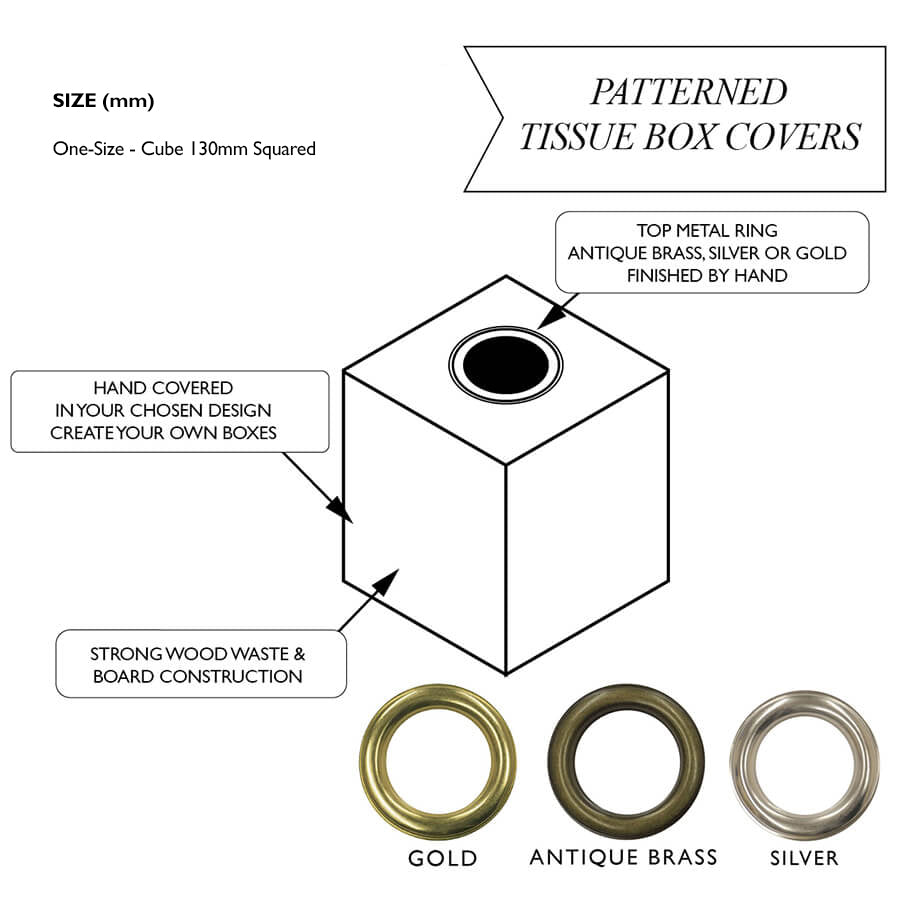 Diagram of a patterned tissue box cover with metal rings in gold, antique brass, and silver.